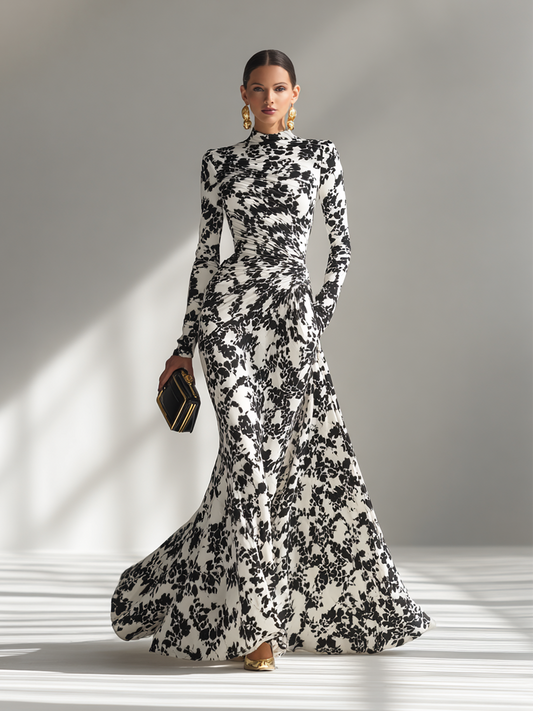 Black And White Patterned Stretch Blend Wrap Dress