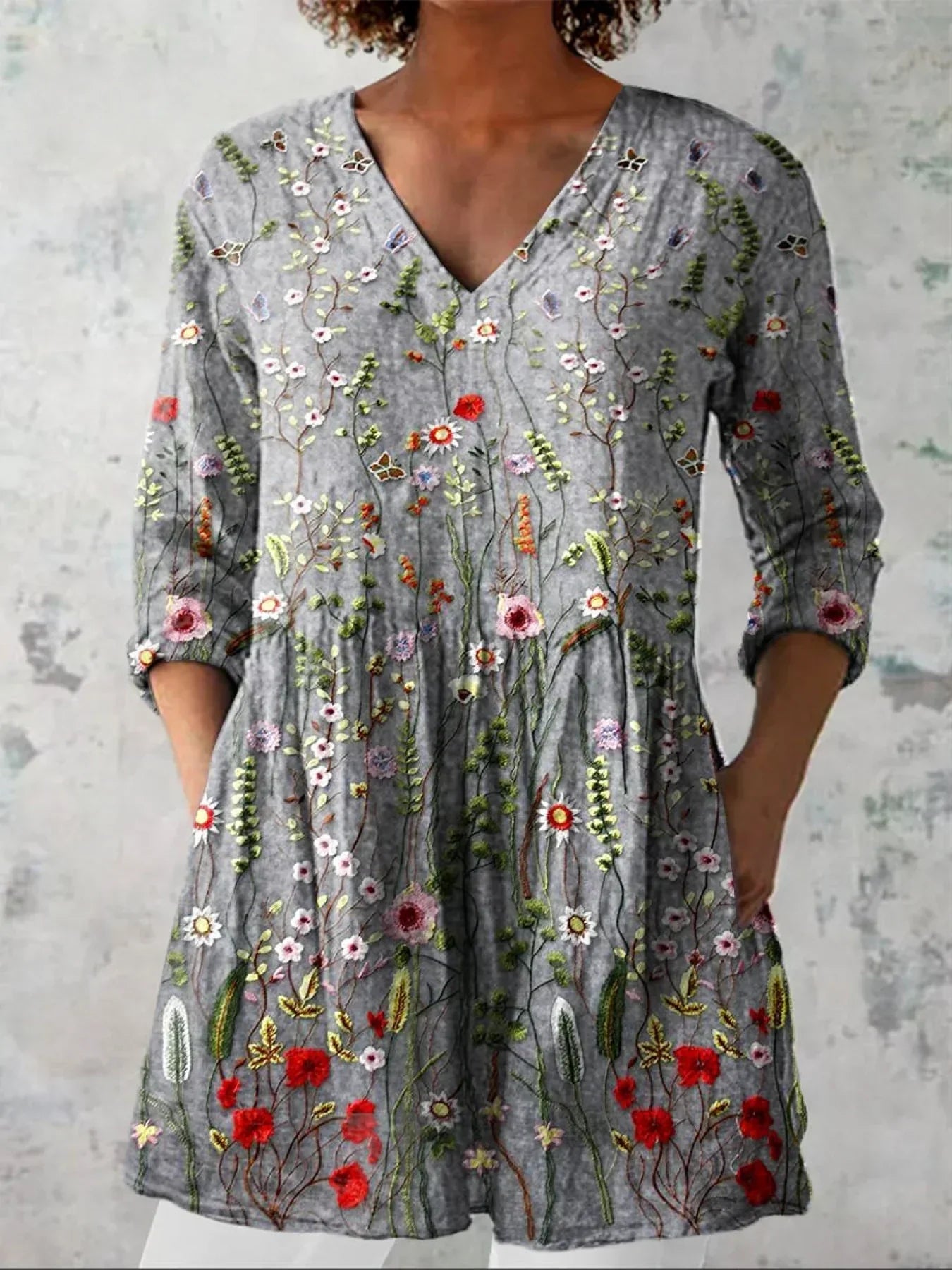 Women's Vintage Floral Art Print Casual V-neck Shirt