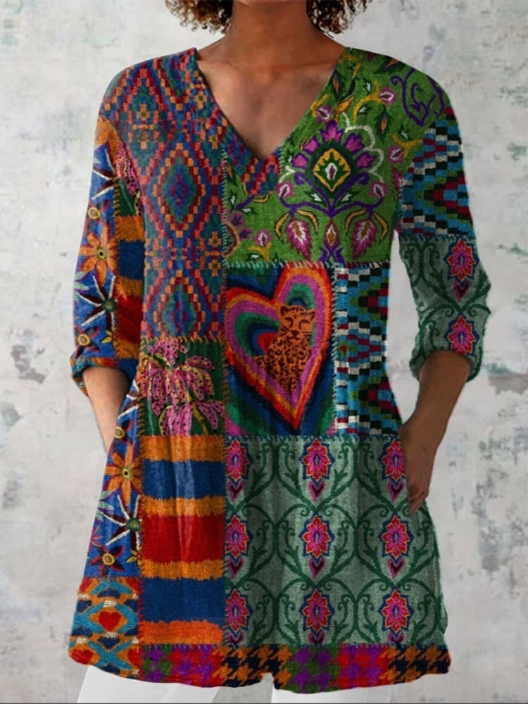 Women's Boho Flowers Art Print Casual V-neck Shirt