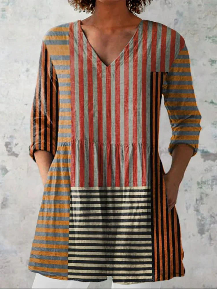 Strip Patchwork Pattern Printed Women's Casual V-Neck Shirt
