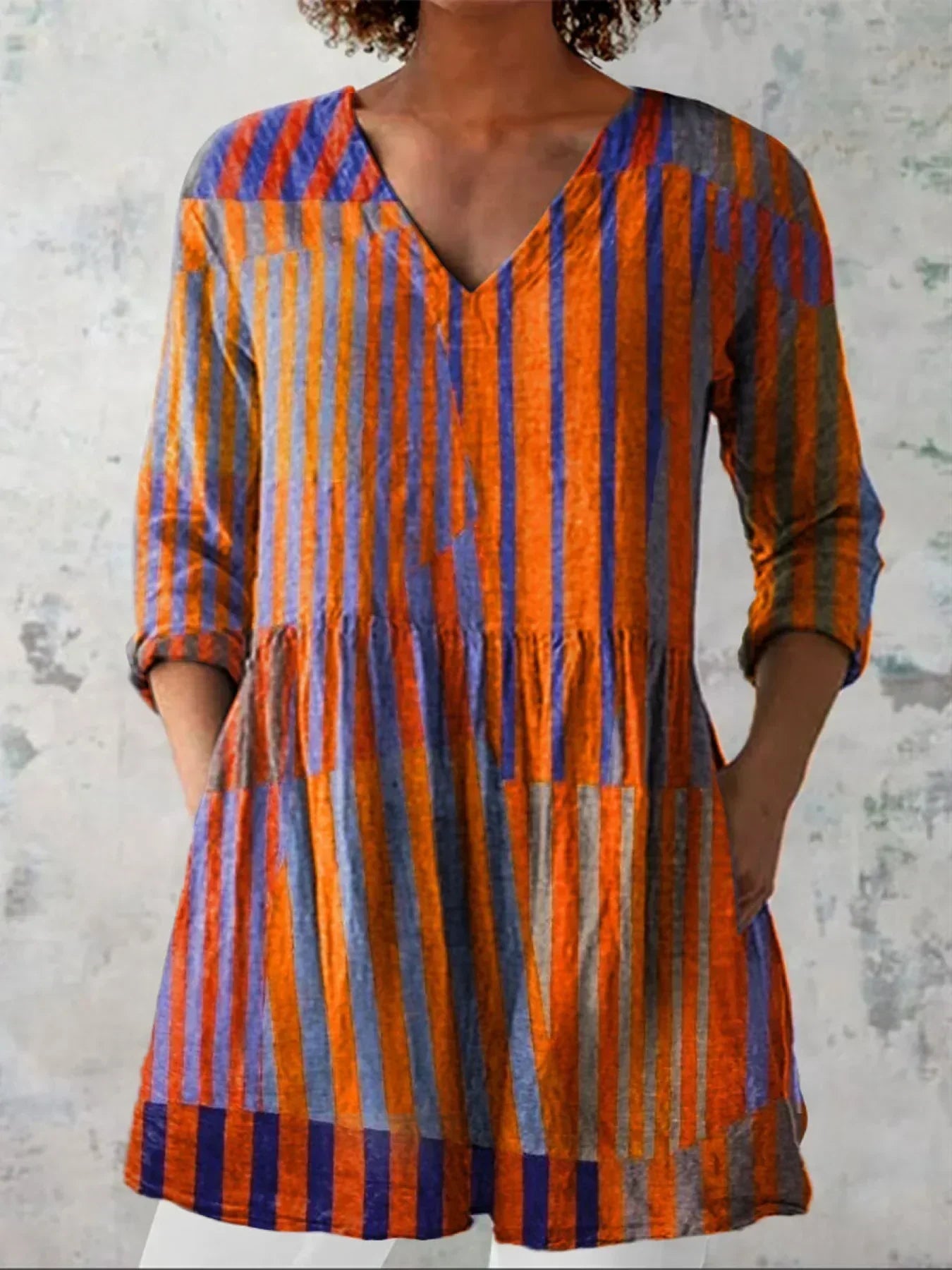 Women's Vintage Colourblock Striped Art Print Casual V-neck Shirt