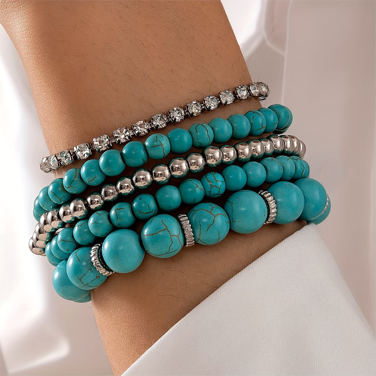 Big Turquoise Beaded Bracelet Set of 5