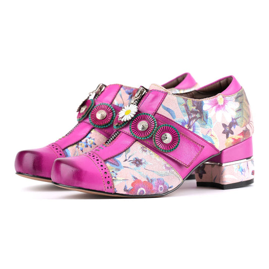 Enchanted Christmas Green Check Block Heels with Rosette Buttons & Easy Zip