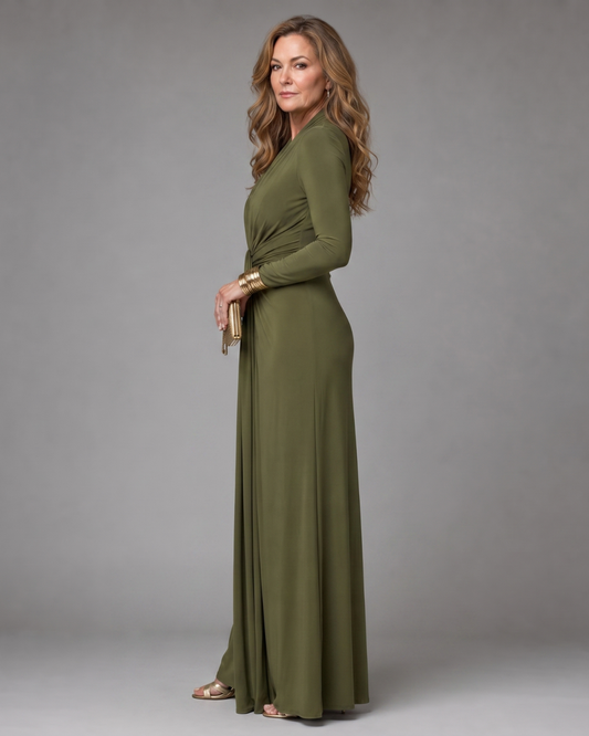 Vimmer™ | Draped Deep V Neck Long Sleeve Maxi Dress