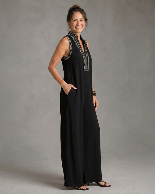 Velmira™ | Embroidered V Neck Sleeveless Wide Leg Jumpsuit