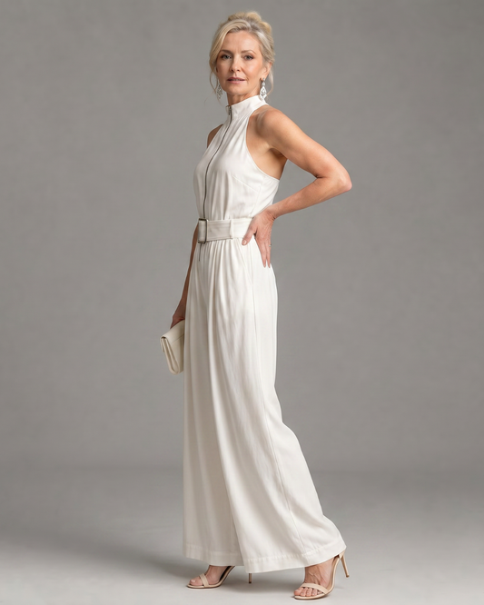Astrielle™ | Belted High Neck Wide Leg Sleeveless Jumpsuit