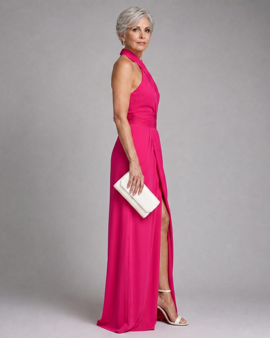 Vaelora™ | Cross Halter Draped Side Slit Midi Dress