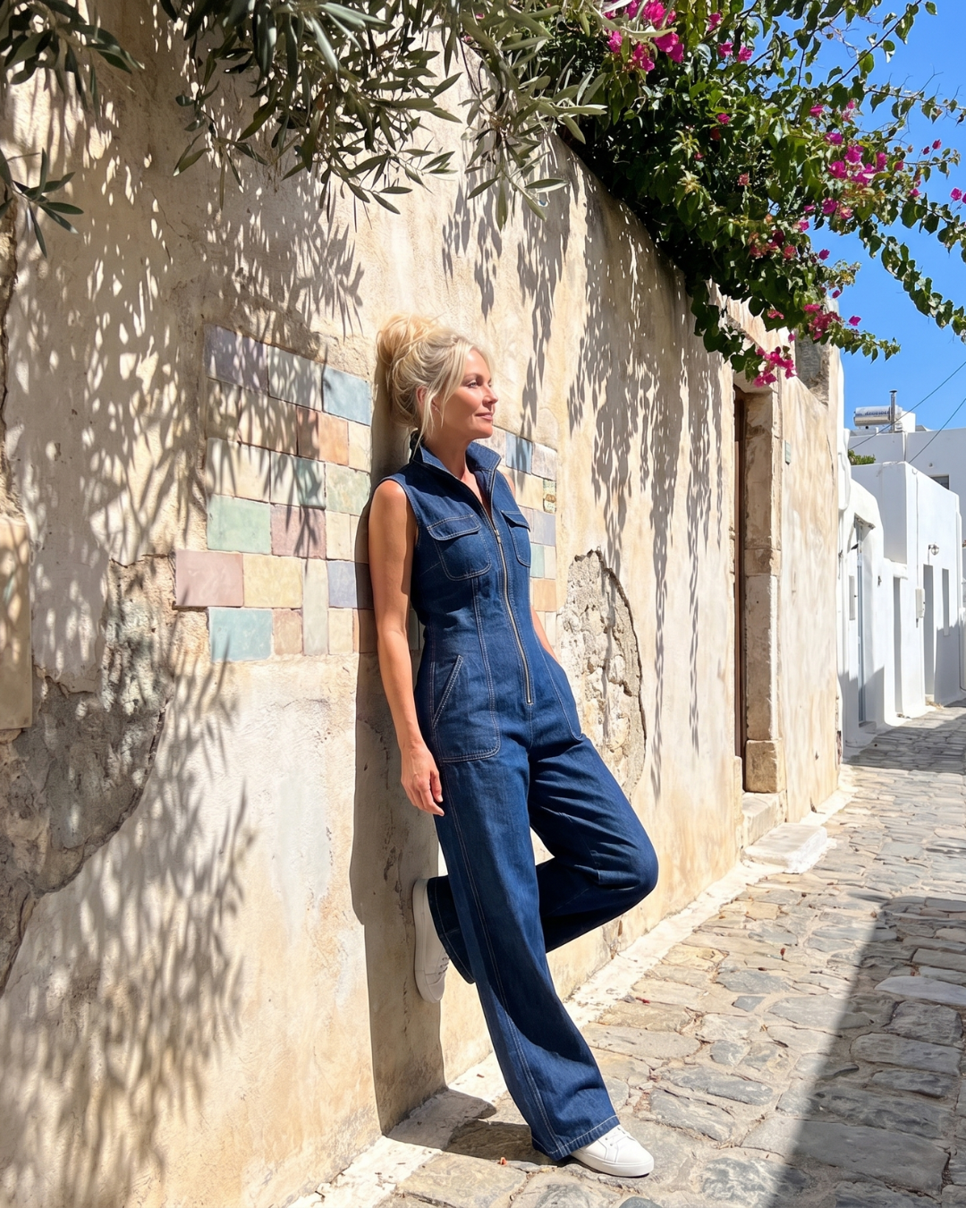 Samantha™ | Zip Front Sleeveless Denim Wide Leg Jumpsuit