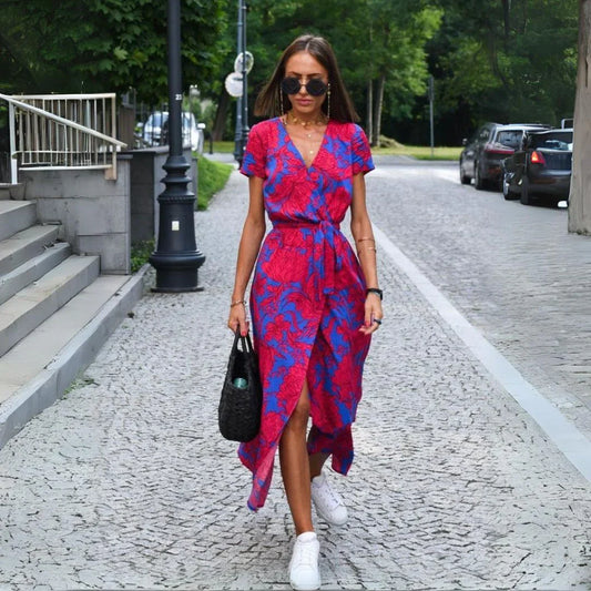 Julia V-Neck Dress - Red & Blue