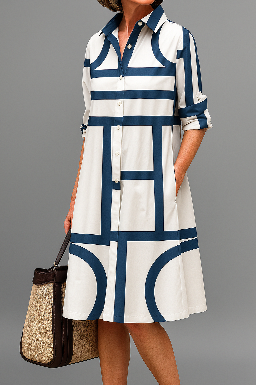 Sienna Elegant Midi Dress — Blue & White