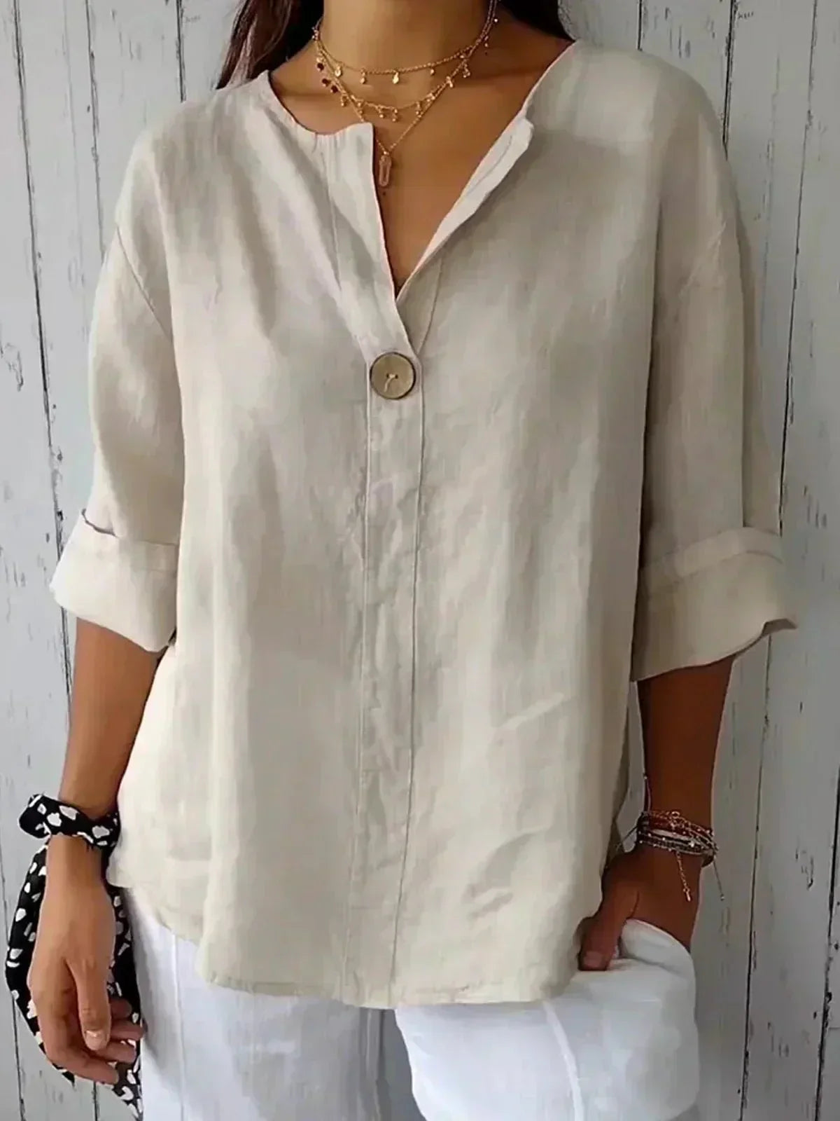 Zamma™ Relaxed V-Neck Top - Beige