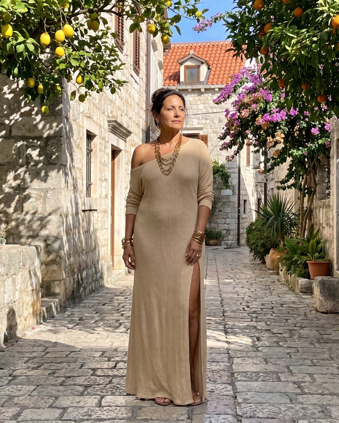 Asterelle™ | One Shoulder Side Slit Flowing Midi Dress