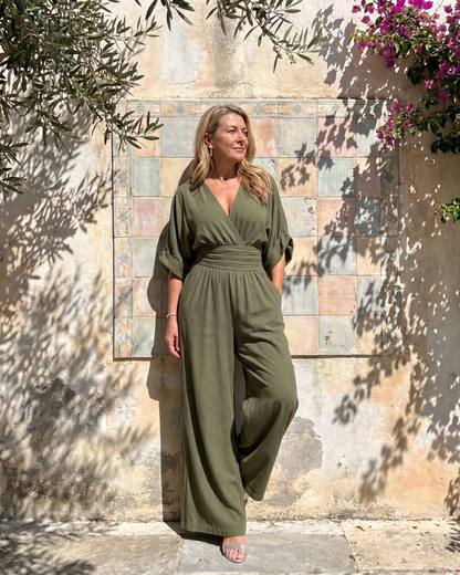 Emene™ | Draped V Neck Wide Leg Relaxed Jumpsuit