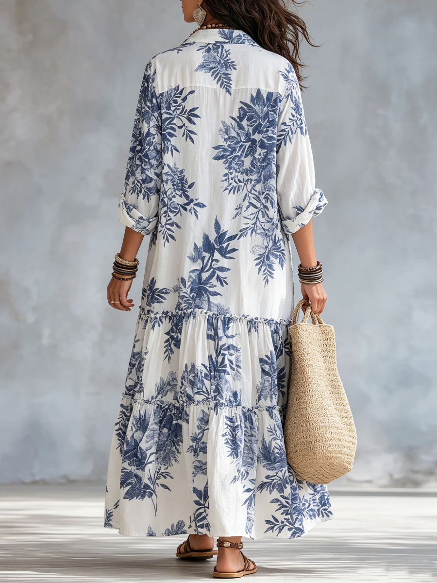 Dahlia™ Bohemian Blue Floral Button-Down Tiered Maxi Dress