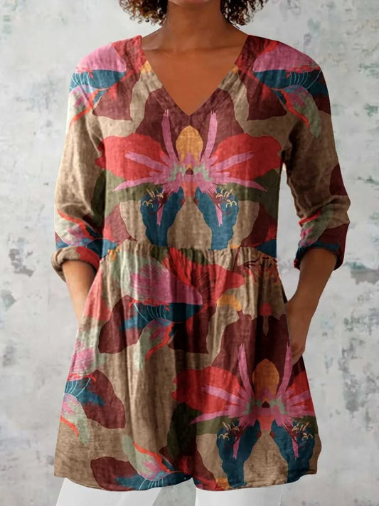 Women's Elegant Floral Print Doll Neck Top