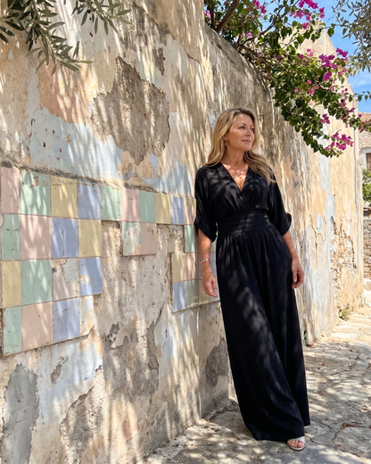 Emene™ | Draped V Neck Wide Leg Relaxed Jumpsuit