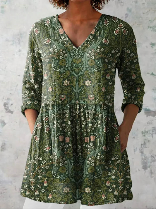 Women's Vintage Lovely Floral Art Print Casual V-neck Shirt