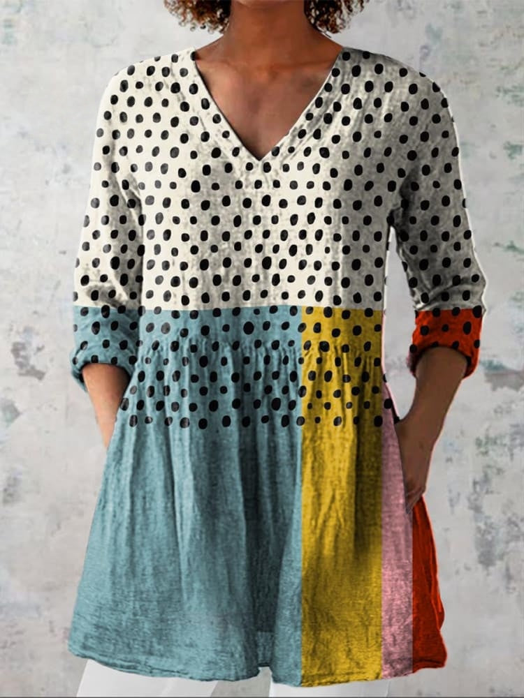 Women's Abstract Geometric Dot Pattern Art Print Casual V-neck Shirt