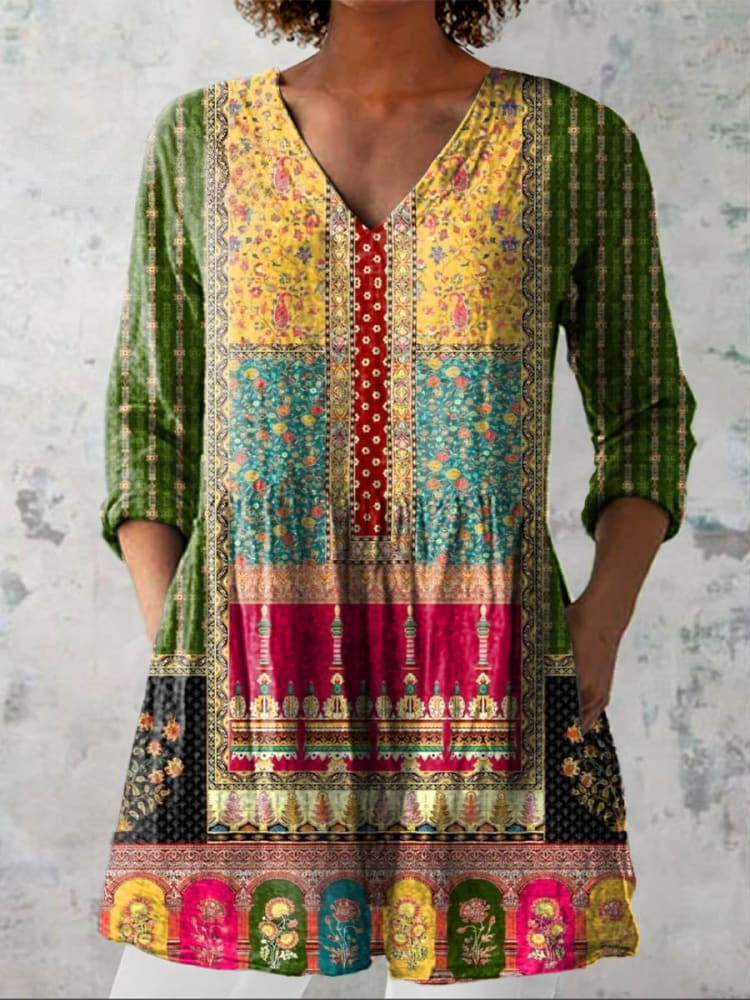 Women's Vintage Ethnic Floral Art Print Casual V-neck Shirt