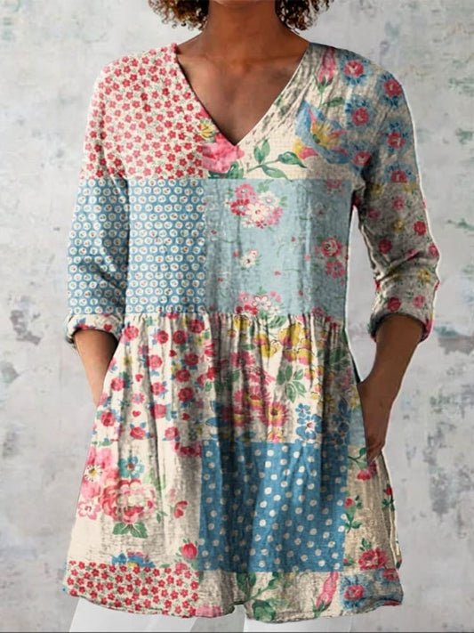 Women's Vintage Floral Patchwork Art Print Casual V-neck Shirt