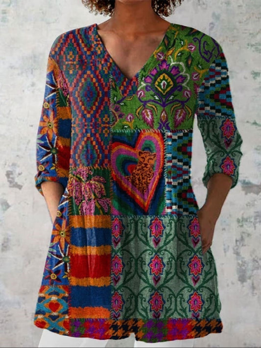 Women's Boho Flowers Art Print Casual V-neck Shirt