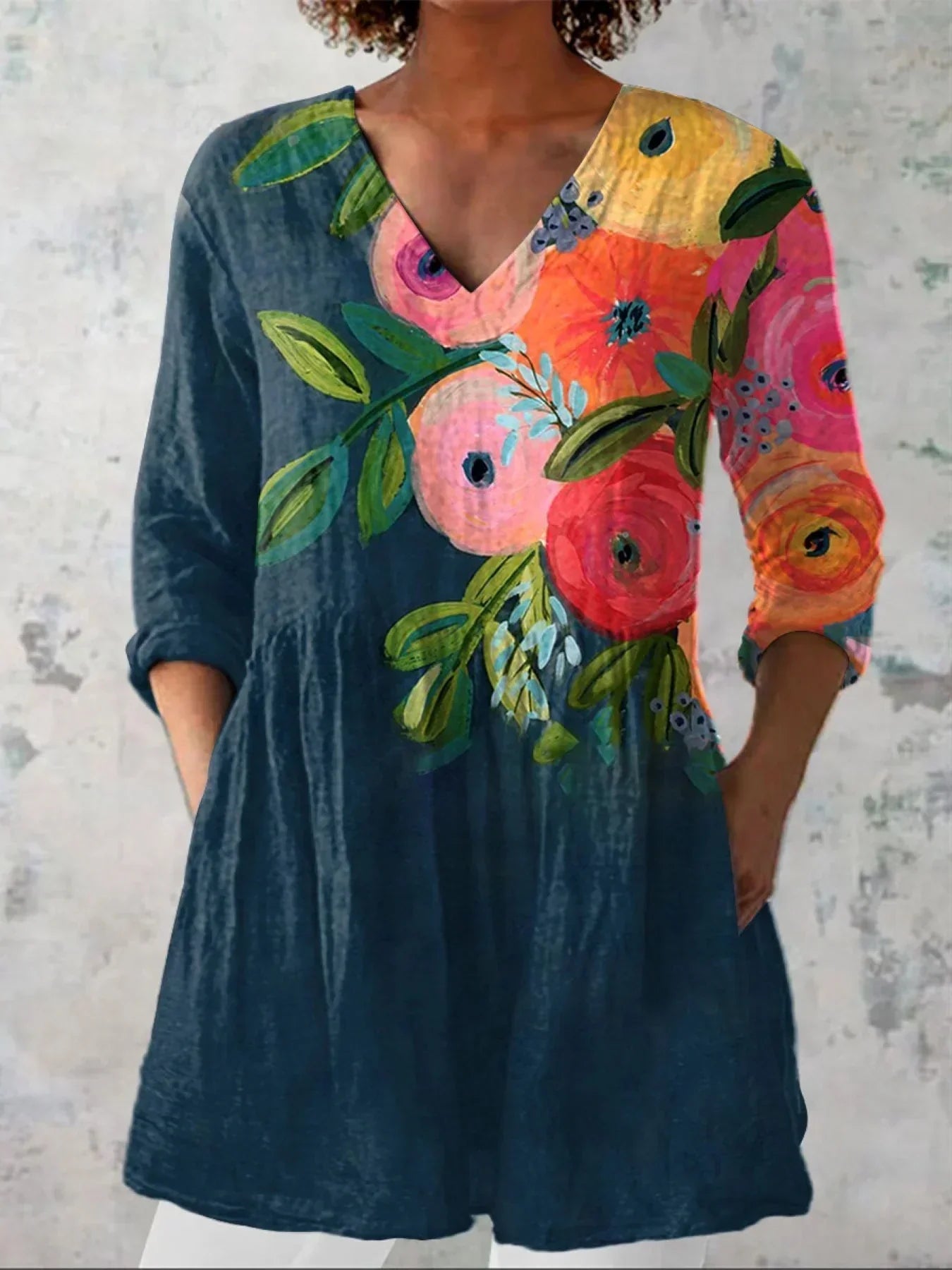 Women's Vintage Floral Print Casual V-neck Shirt