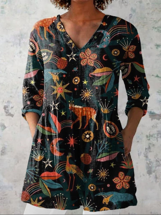 Midnight Woodland Pattern Printed Women's Casual V-Neck Shirt