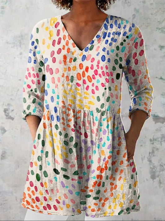 WaterColour Polka Dot Pattern Printed Women's Casual V-Neck Shirt