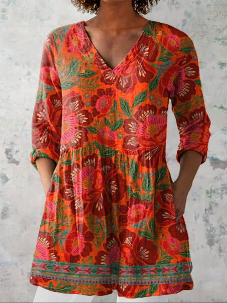 Ethnic Style Summer Floral Pattern Printed Women's Casual V-Neck Shirt