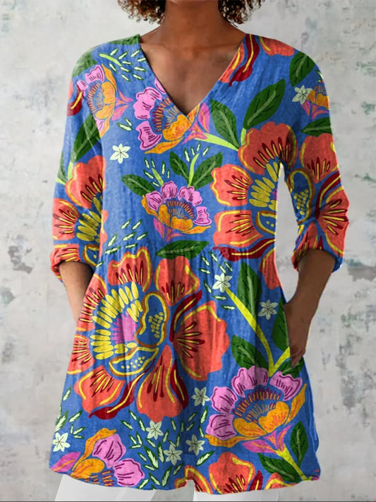Summer Tropical Floral Pattern Printed Women's Casual V-Neck Shirt