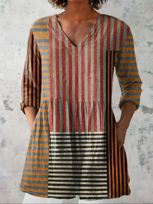 Strip Patchwork Pattern Printed Women's Casual V-Neck Shirt