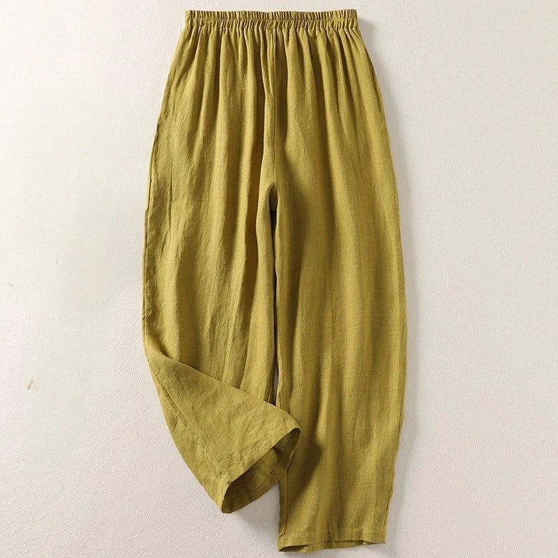 Amalia Flowy Linen and Cotton Pants - Olive