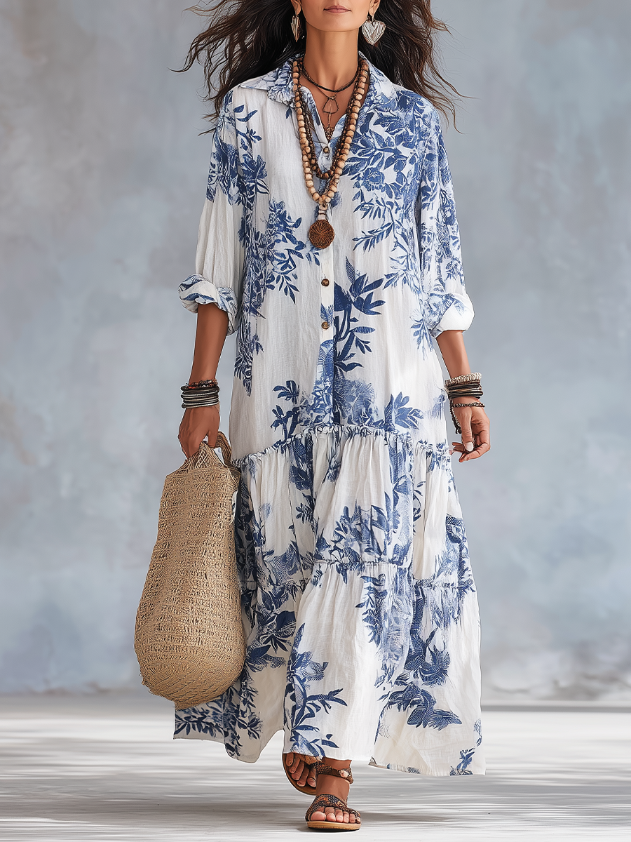 Dahlia™ Bohemian Blue Floral Button-Down Tiered Maxi Dress