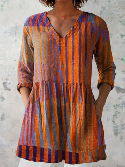 Women's Vintage Colourblock Striped Art Print Casual V-neck Shirt