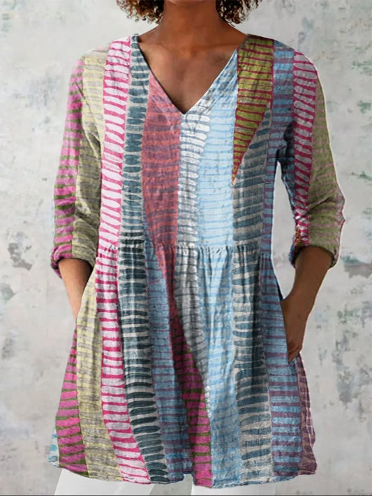 Women's Vintage Colour Block Line Art Print Casual V-neck Shirt
