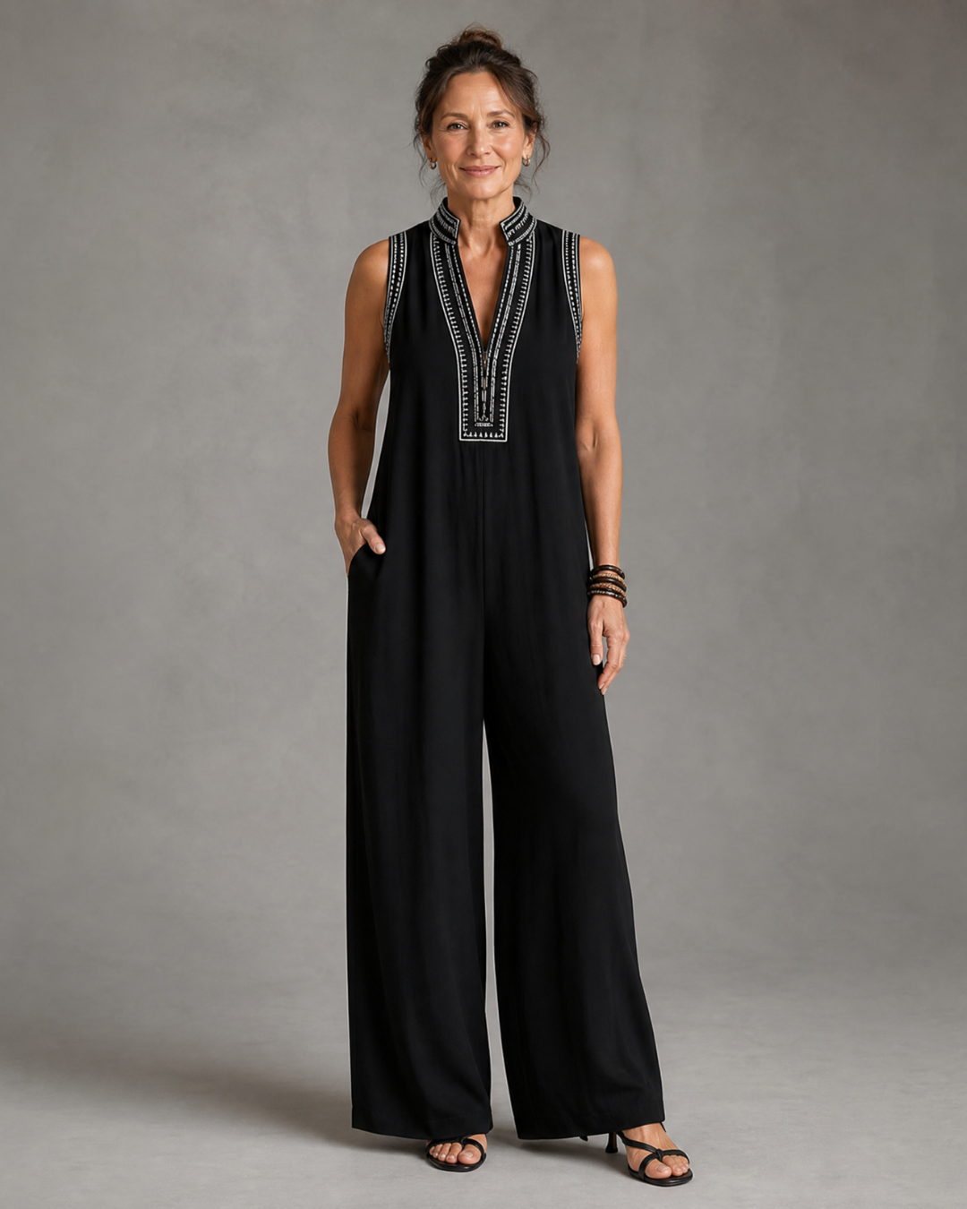 Velmira™ | Embroidered V Neck Sleeveless Wide Leg Jumpsuit