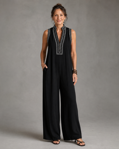 Velmira™ | Embroidered V Neck Sleeveless Wide Leg Jumpsuit