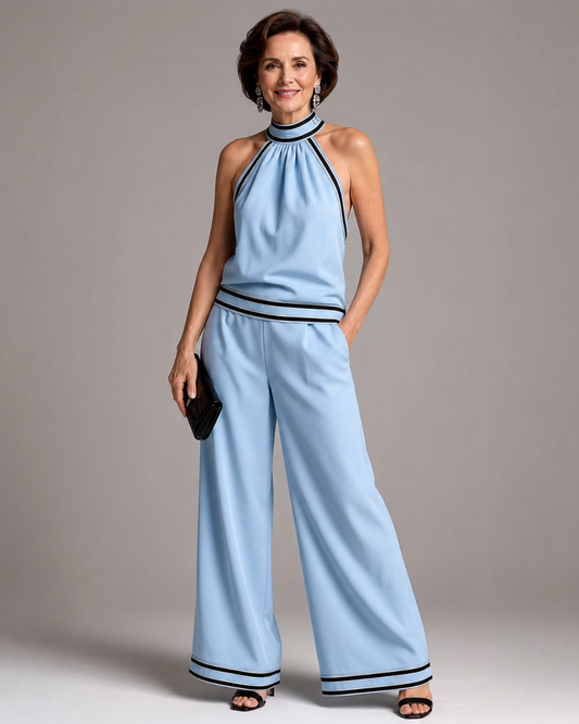 Zephyrine™ | Contrast Trim Halter Neck Wide Leg Jumpsuit