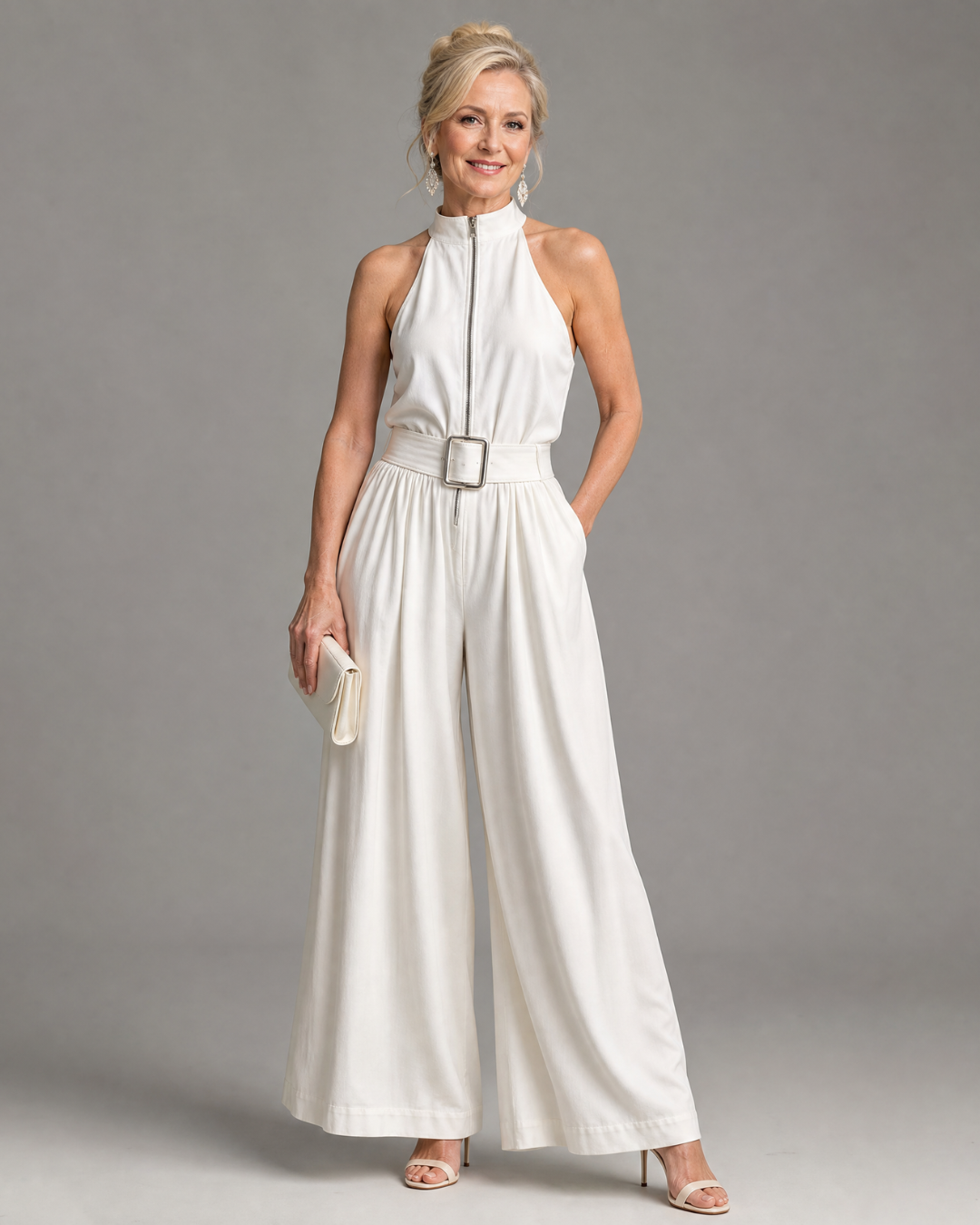 Astrielle™ | Belted High Neck Wide Leg Sleeveless Jumpsuit