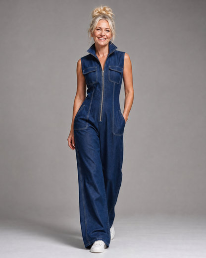 Samantha™ | Zip Front Sleeveless Denim Wide Leg Jumpsuit