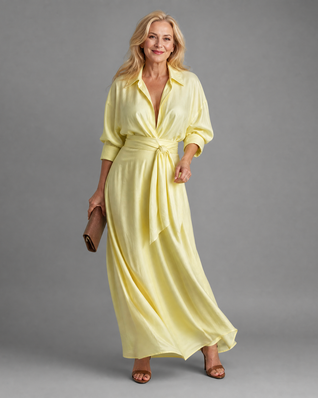 Zelith™ | Belted Collared Flowing Long Sleeve Midi Dress