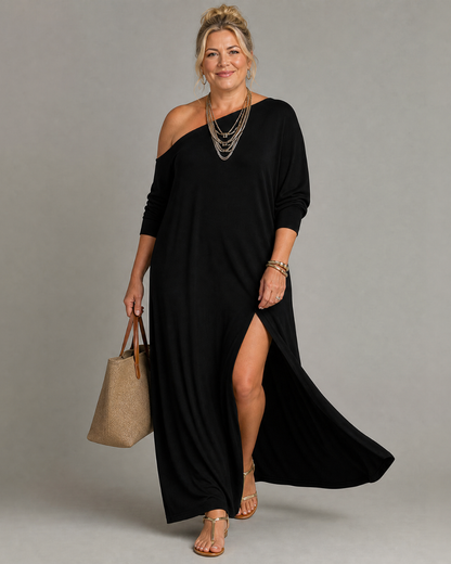 Asterelle™ | One Shoulder Side Slit Flowing Midi Dress