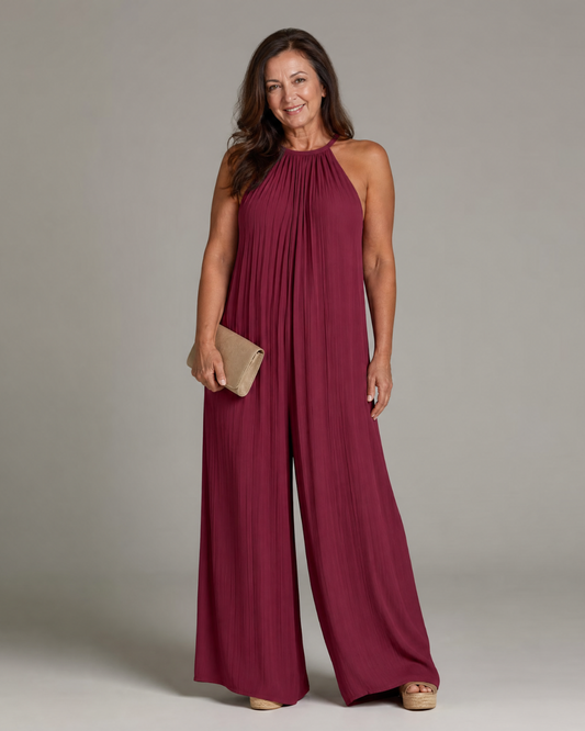Sylvara™ | Pleated Halter Neck Wide Leg Relaxed Jumpsuit