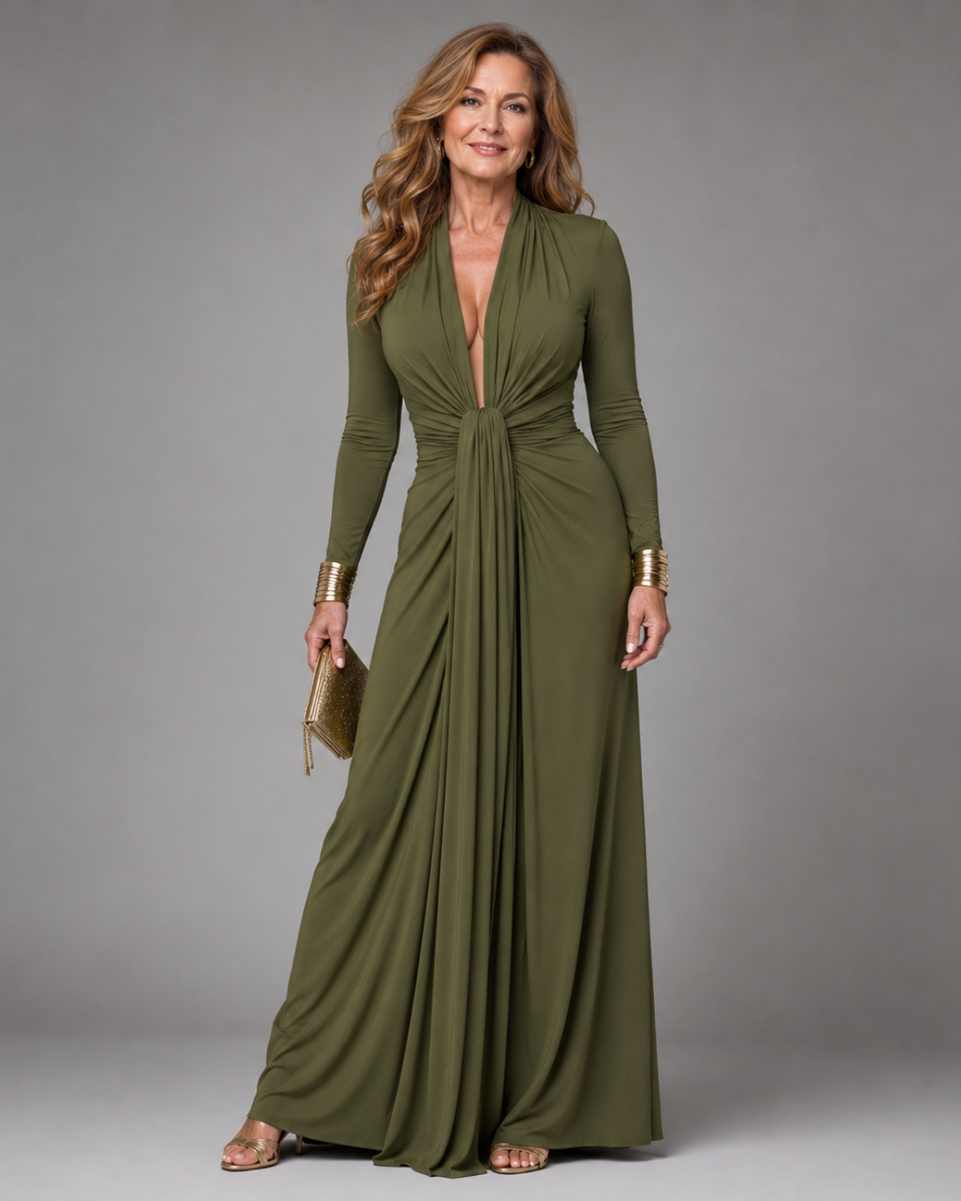 Vimmer™ | Draped Deep V Neck Long Sleeve Maxi Dress