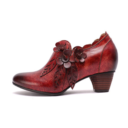 Retro Handmade Floral Leather Low-Heel Pumps
