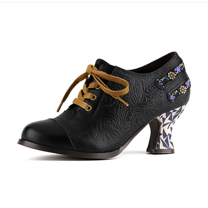 Floral Embossed Lace-Up Heels