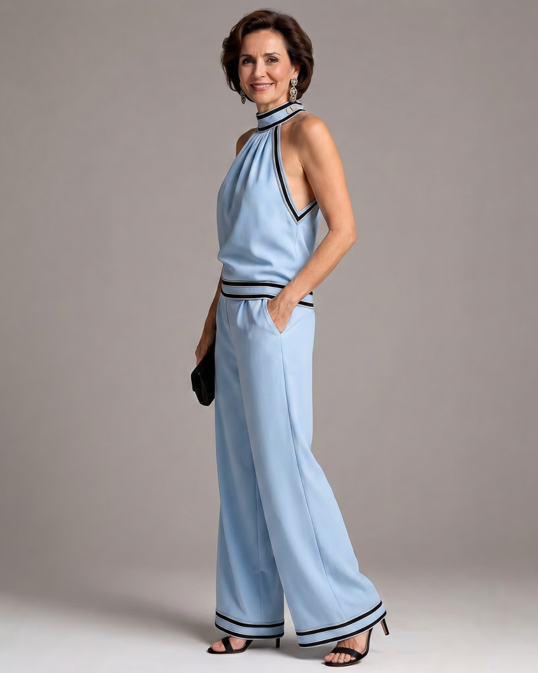 Zephyrine™ | Contrast Trim Halter Neck Wide Leg Jumpsuit