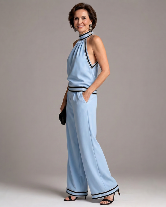 Zephyrine™ | Contrast Trim Halter Neck Wide Leg Jumpsuit