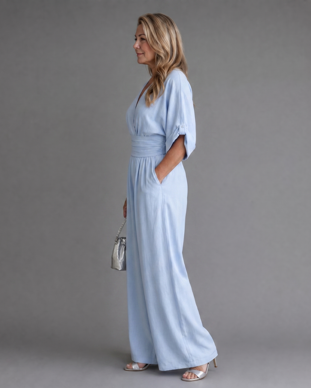 Emene™ | Draped V Neck Wide Leg Relaxed Jumpsuit
