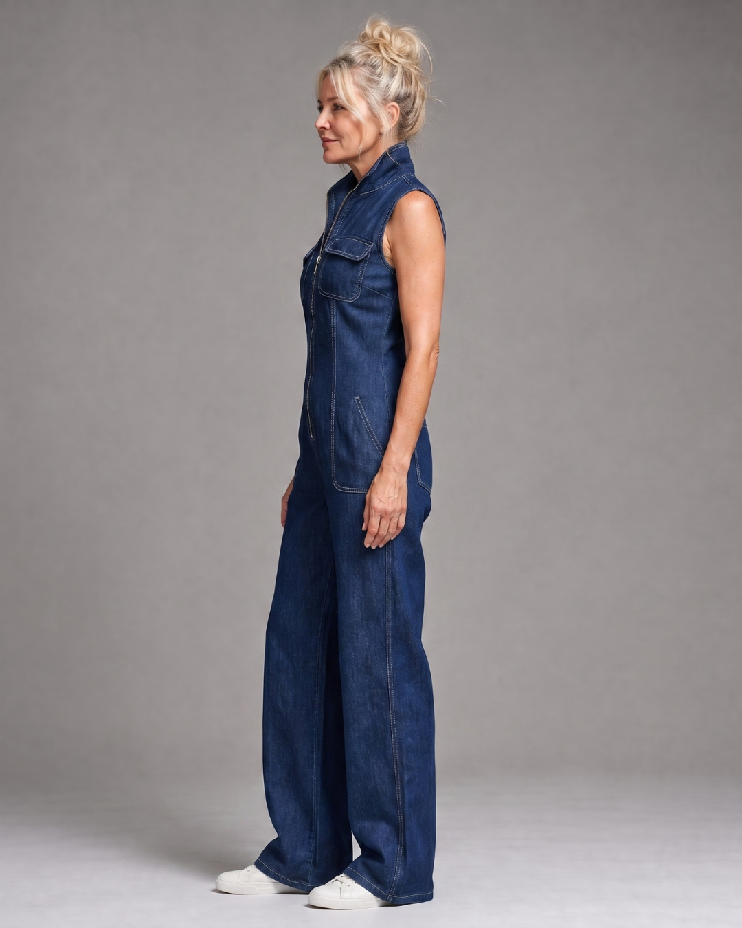 Samantha™ | Zip Front Sleeveless Denim Wide Leg Jumpsuit
